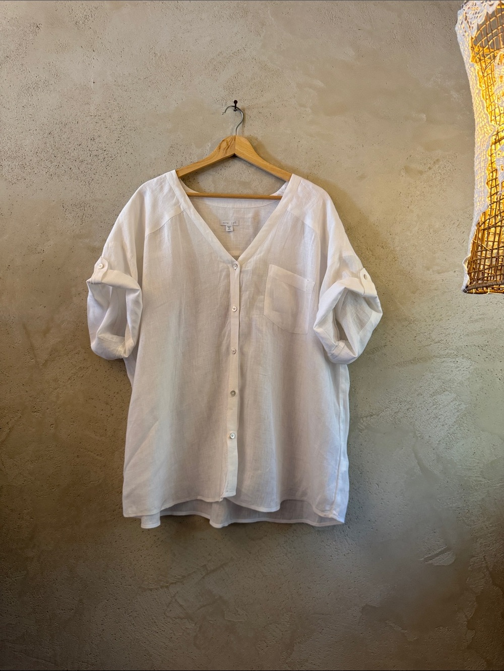 J. Jill White Casual Button-Down V-Neck Shirt NWOT XL crisp white linen blouse